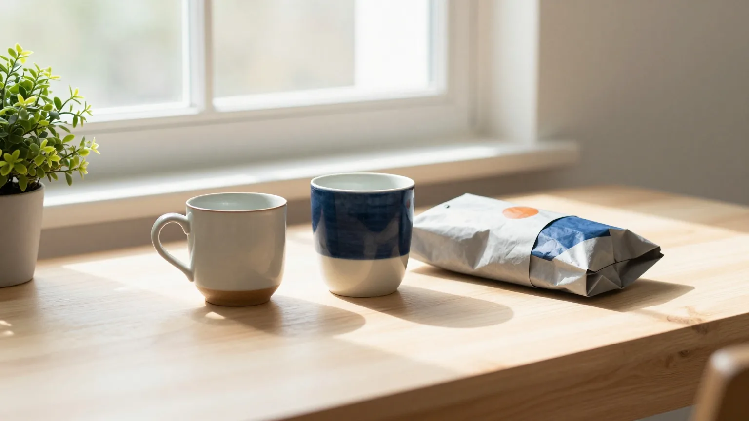 Frühstückstisch am Fenster im Morgenlicht mit Tasse, kleiner Zimmerpflanze und einem gefalteten grauen Papierbündel