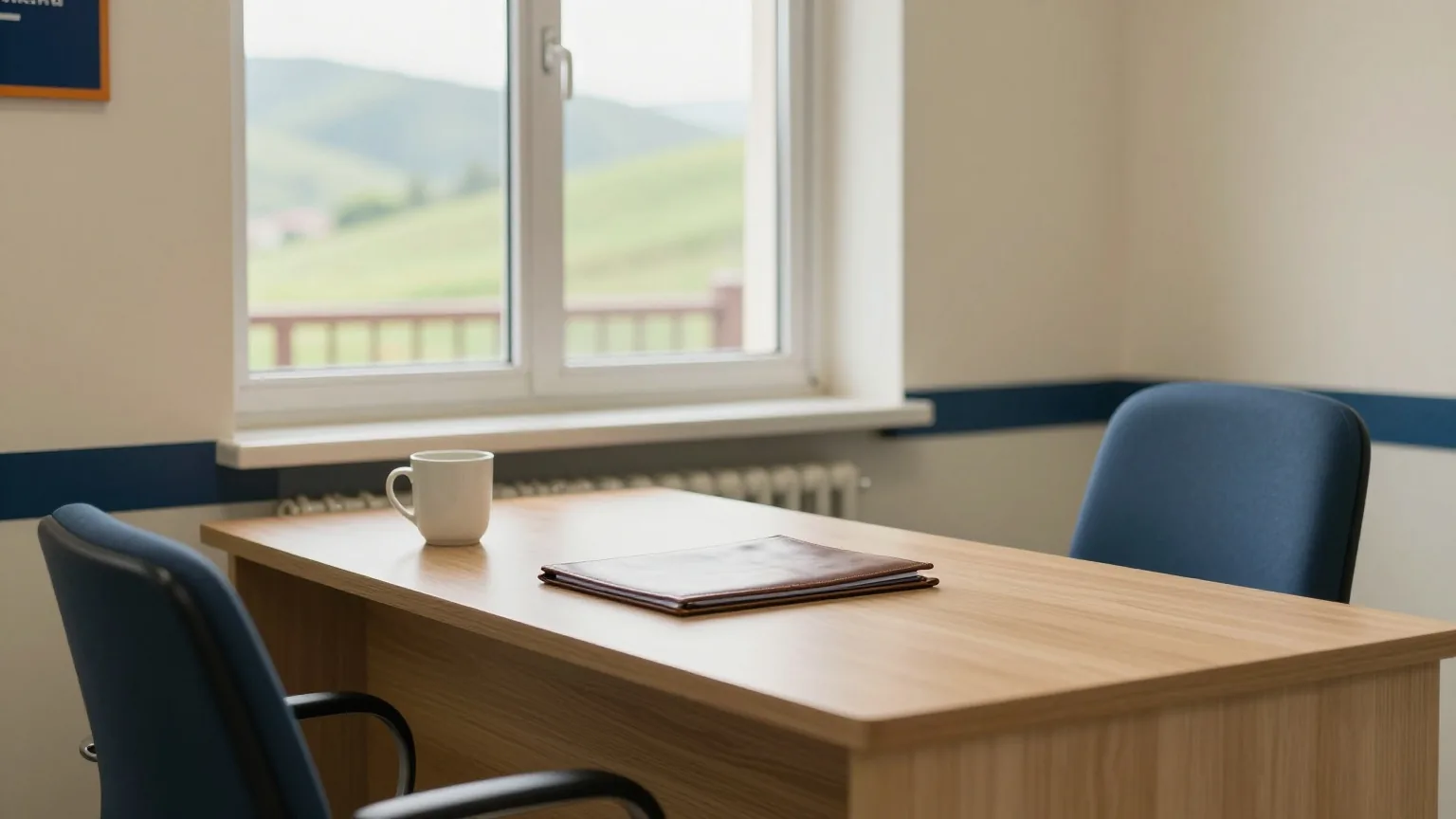 Ruhiges Beratungszimmer einer Bankfiliale auf dem Land mit Holztisch am Fenster, zwei leeren Stühlen, geschlossener Mappe und Tasse, draußen grüne Hügel im Morgenlicht