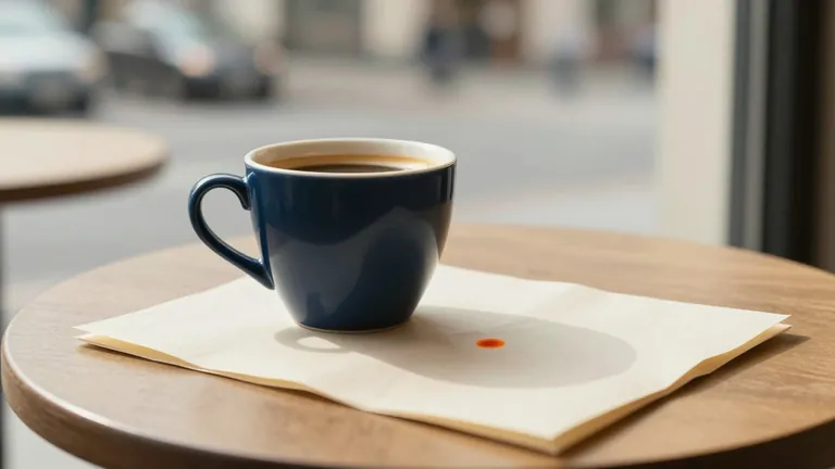 Kaffeetasse und gefalteter Papierbogen auf einem Cafétisch am Fenster
