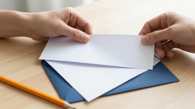 Hände falten einen leeren Papierbogen für einen Fensterumschlag