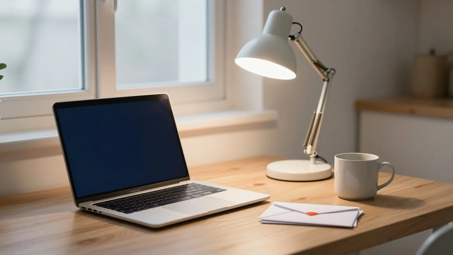 Schreibtischlampe beleuchtet einen Küchentisch mit zugeklapptem Laptop, einem kleinen Stapel weißer Umschläge und einer Keramiktasse am Abend