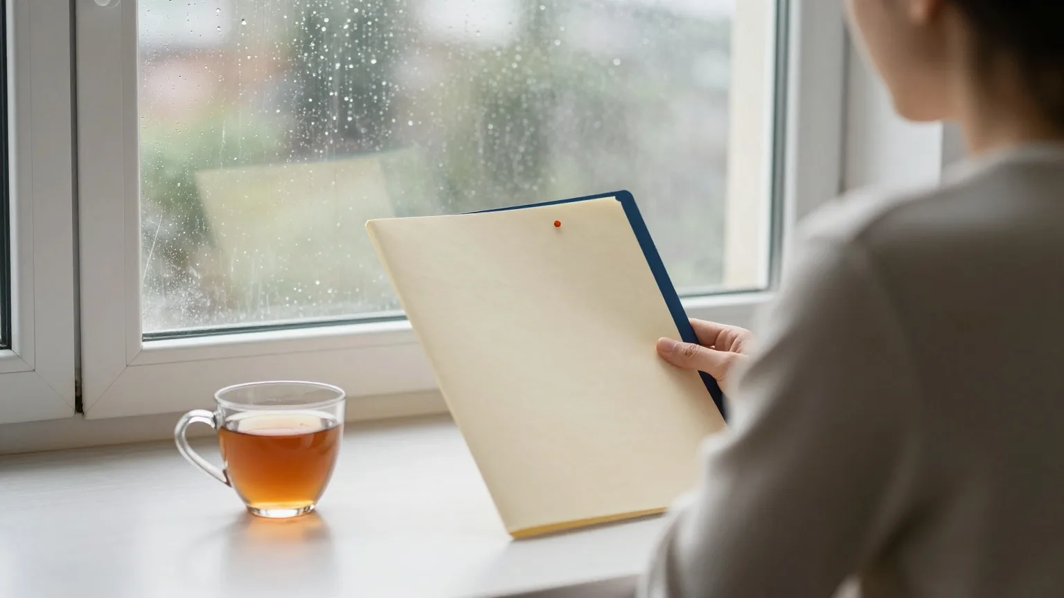 Eine Person von hinten am Küchentisch vor einem regennassen Fenster, vor ihr eine Tasse Tee und eine geschlossene Mappe