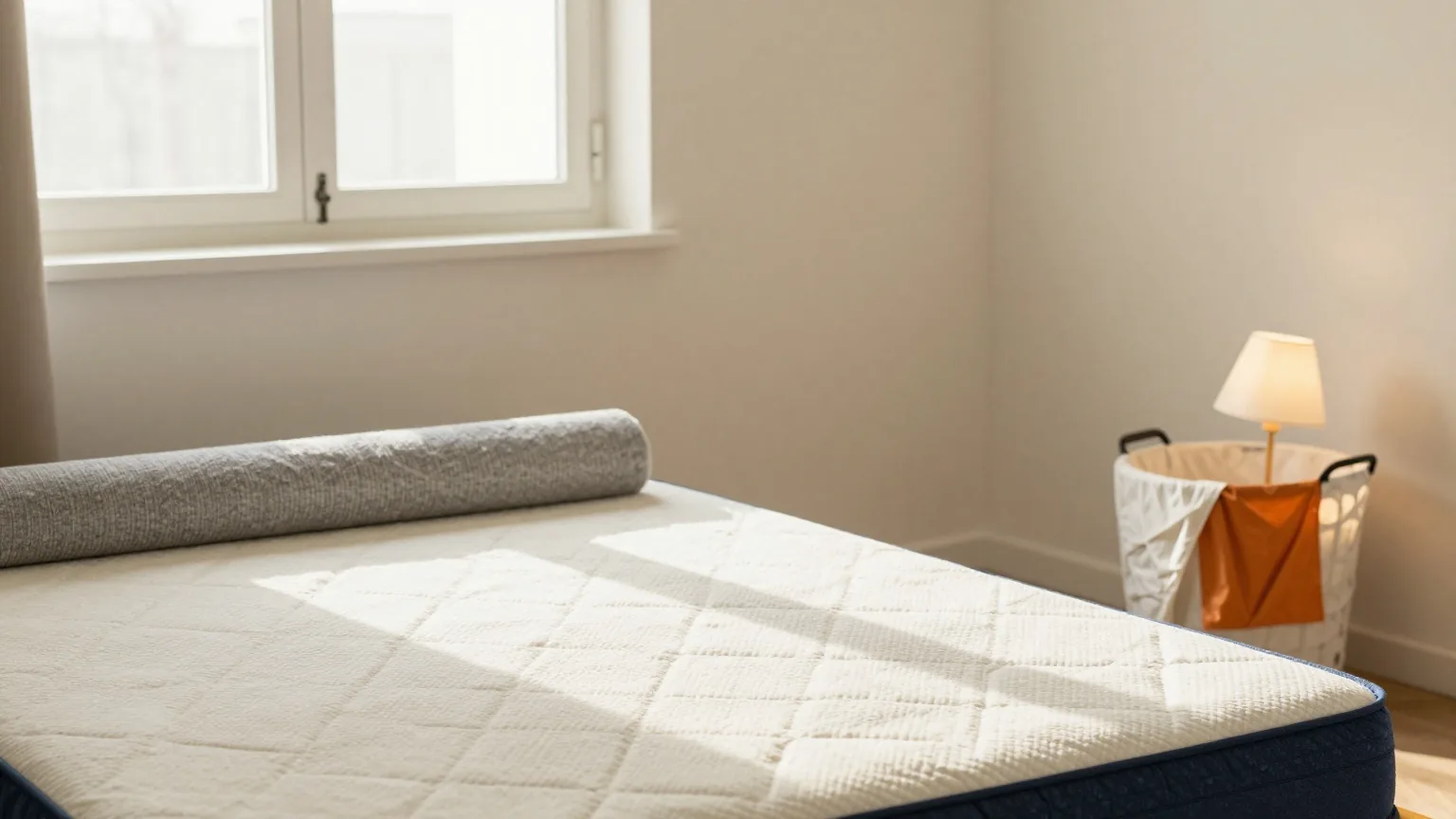 Halb ausgeräumtes Zimmer mit nackter Matratze, eingerolltem Teppich und einer Schreibtischlampe im Wäschekorb im Morgenlicht