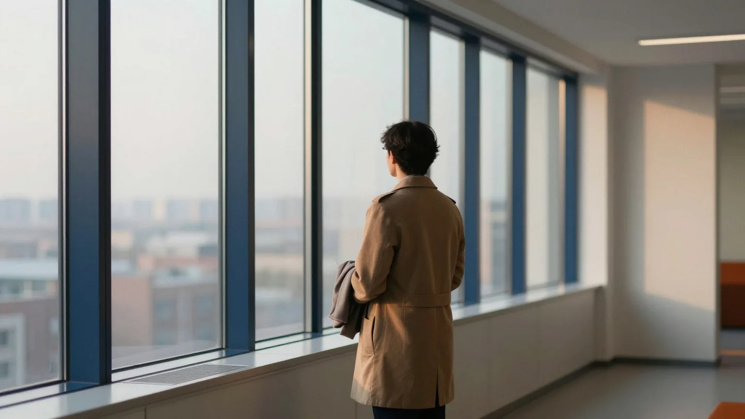 Person von hinten an einem großen Fenster in einem leeren modernen Büro, einen Mantel über dem Arm, im frühen Abendlicht