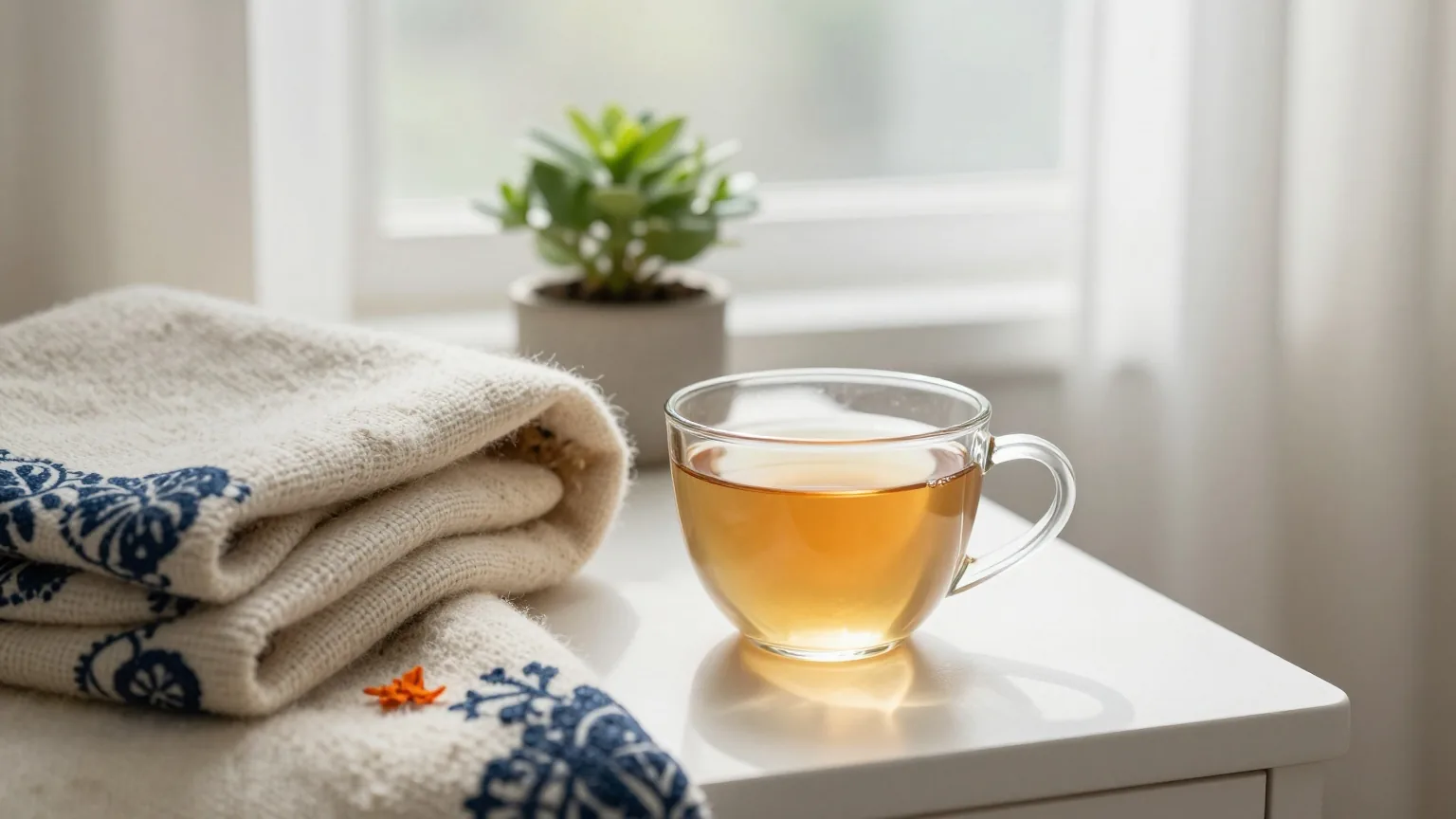 Tasse Kräutertee, gefaltete Wolldecke und kleine Topfpflanze auf einem Nachttisch am Fenster mit halb zugezogenen Vorhängen im grauen Nachmittagslicht