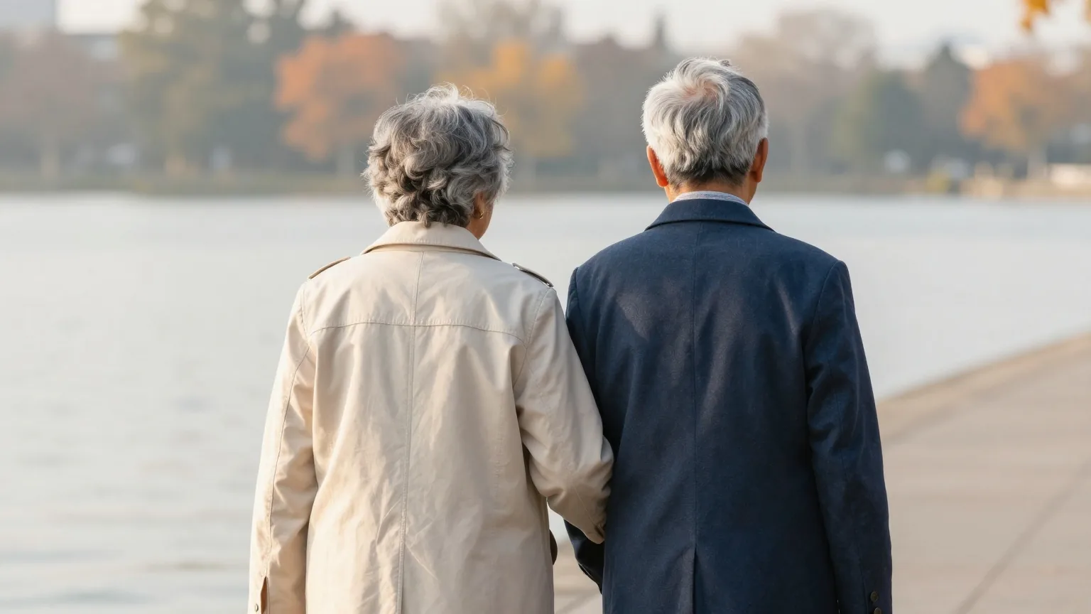 Zwei grauhaarige Menschen von hinten, Arm in Arm auf einer Uferpromenade am See im Licht eines Herbstmorgens