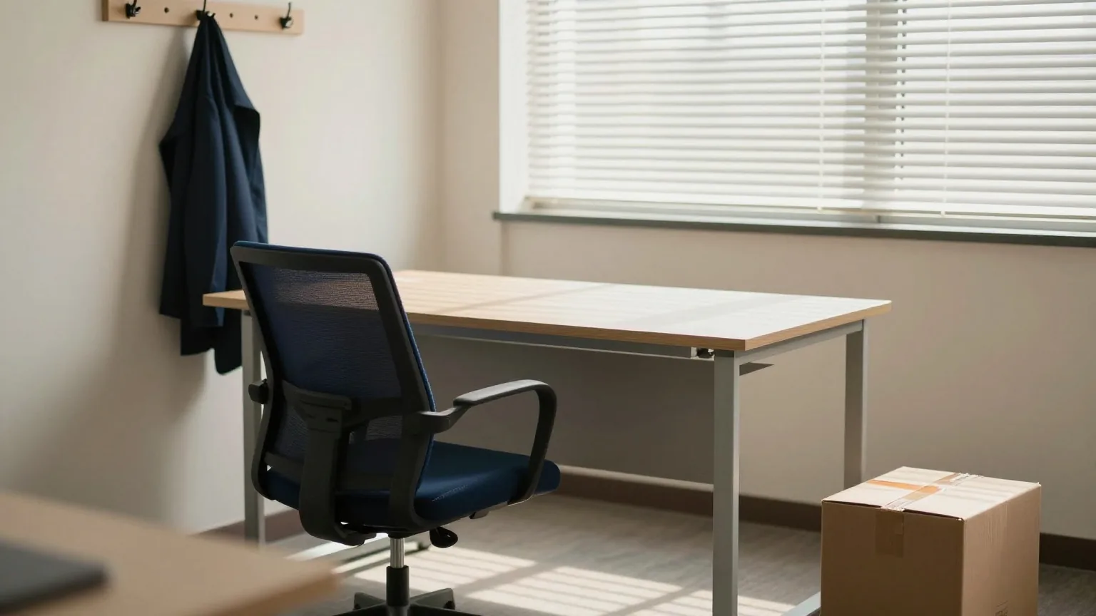 Leerer Büroschreibtisch mit eingeschobenem Stuhl, ein Mantel am Haken und ein Karton auf dem Boden im Licht des späten Nachmittags