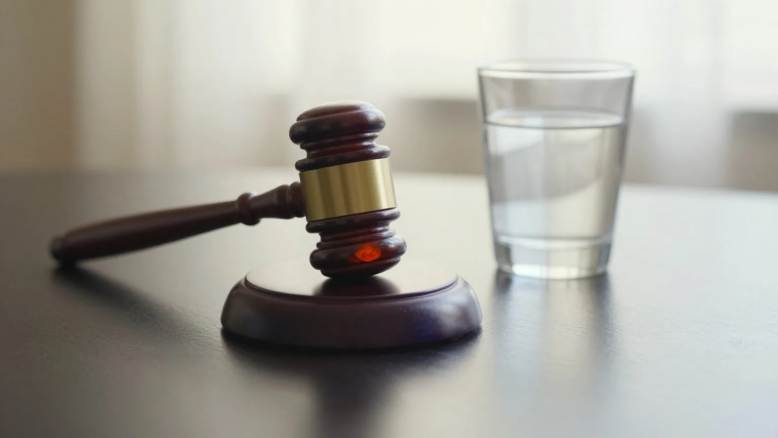 Ein hölzerner Richterhammer auf einem dunklen polierten Tisch neben einem Glas Wasser im seitlichen Licht