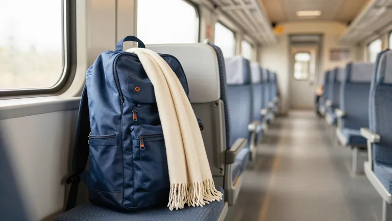 Ein Rucksack und ein gefalteter Schal auf dem Sitz eines leeren Zugabteils im Morgenlicht, vom Gang aus gesehen