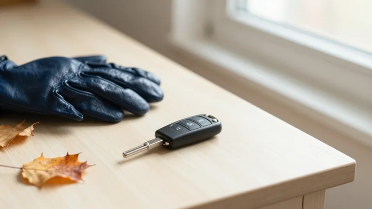 Ein Autoschlüssel auf einem Holztisch im Flur neben Lederhandschuhen und einigen Herbstblättern im tiefen Novemberlicht