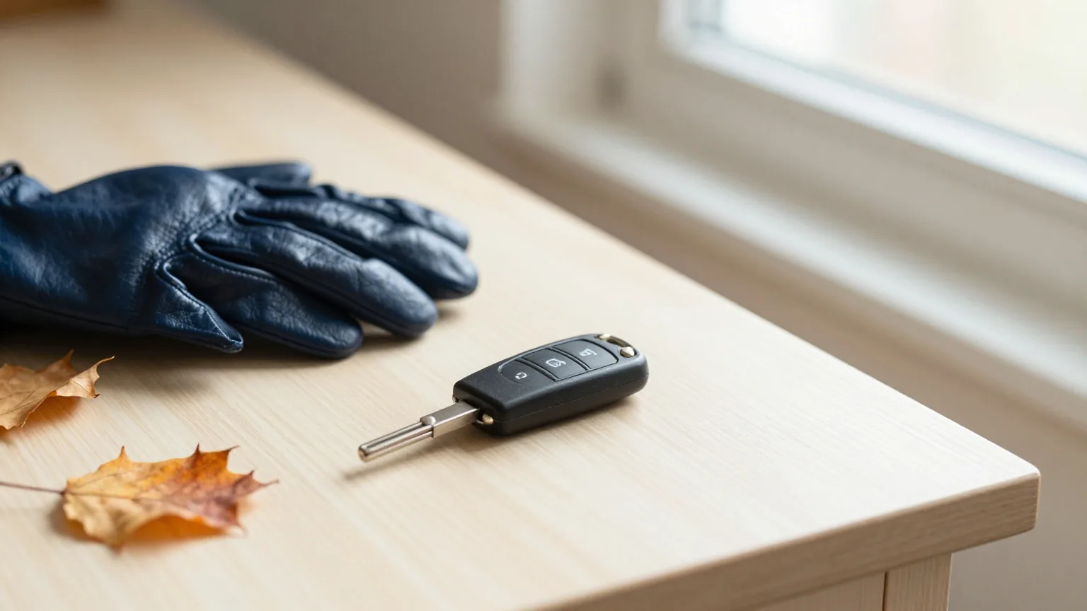 Ein Autoschlüssel auf einem Holztisch im Flur neben Lederhandschuhen und einigen Herbstblättern im tiefen Novemberlicht