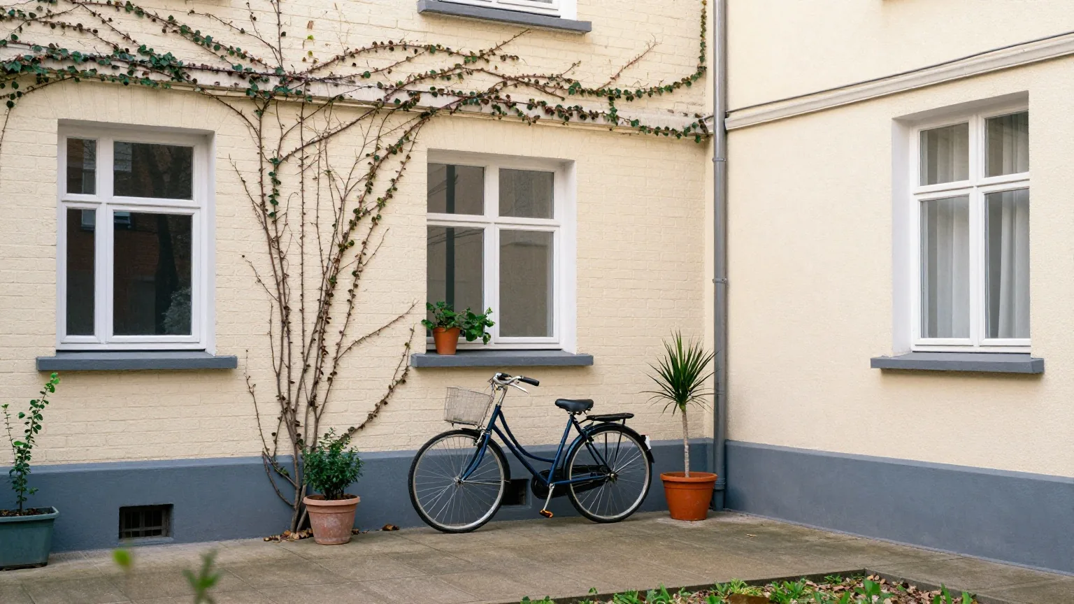 Innenhof eines Altbaus mit einem Fahrrad an einer efeubewachsenen Ziegelmauer und einigen Topfpflanzen im Morgenlicht