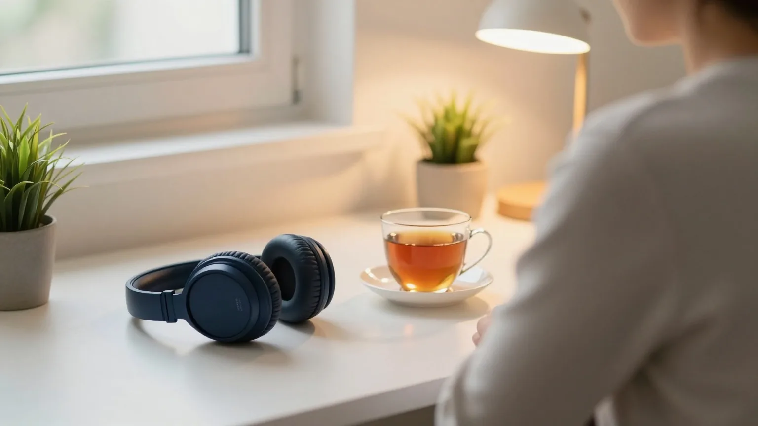 Person von hinten am Schreibtisch im Arbeitszimmer am Abend, daneben Kopfhörer, eine Tasse Tee und eine kleine Topfpflanze im Lampenlicht