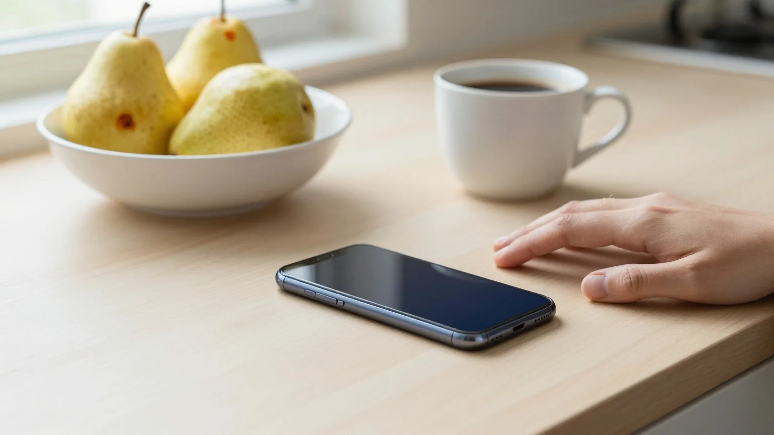 Ein Smartphone liegt mit dem Display nach unten auf einem Küchentisch neben einer Schale Birnen und einer Tasse Kaffee