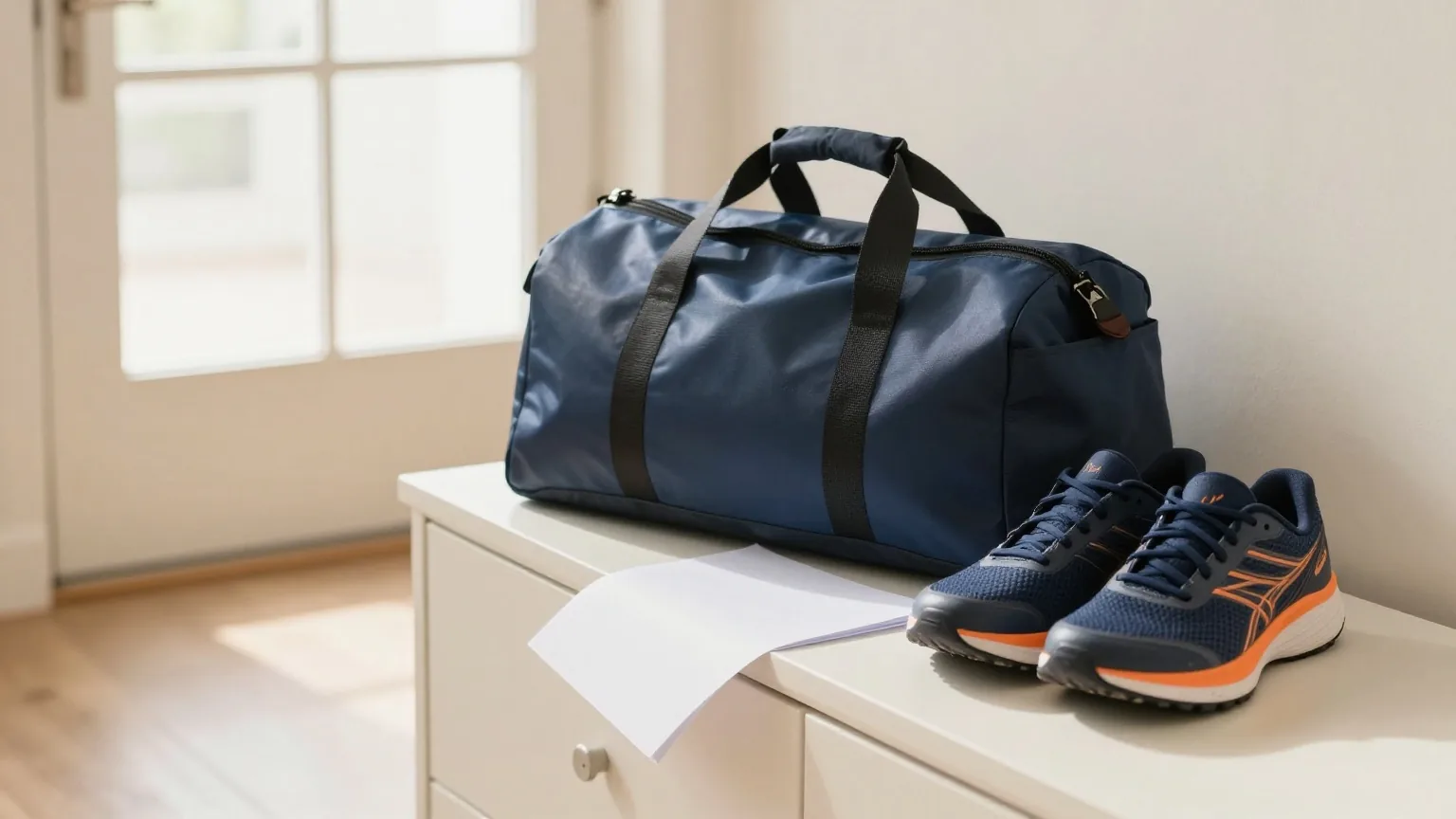 Sporttasche und Laufschuhe an der Wohnungstür im Morgenlicht, daneben ein gefaltetes leeres Blatt auf dem Schuhschrank