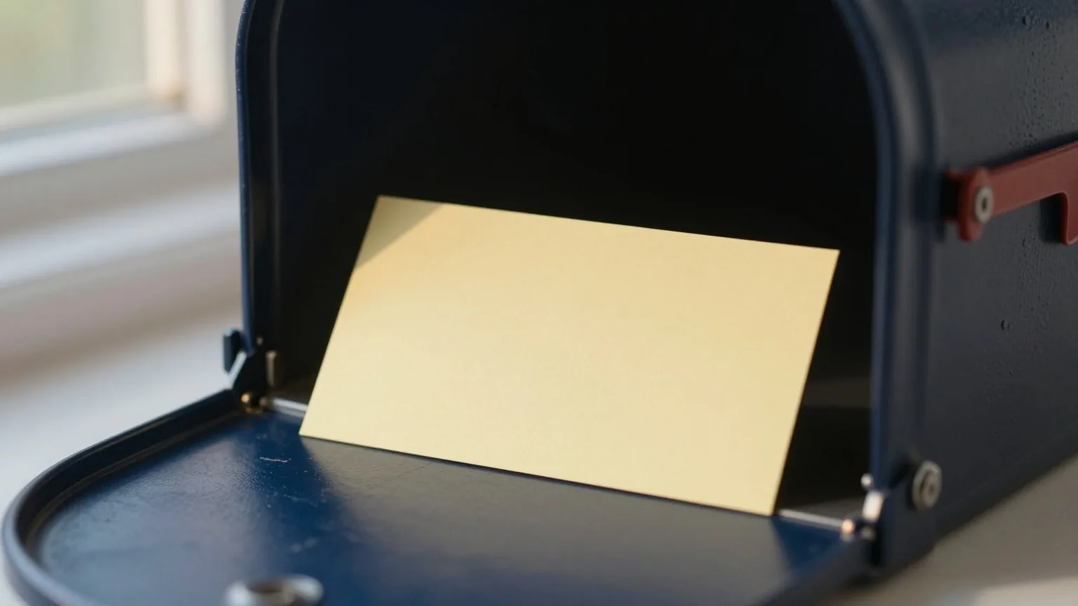 Ein leeres gelbes Kärtchen liegt allein in einem geöffneten dunklen Metallbriefkasten im Abendlicht