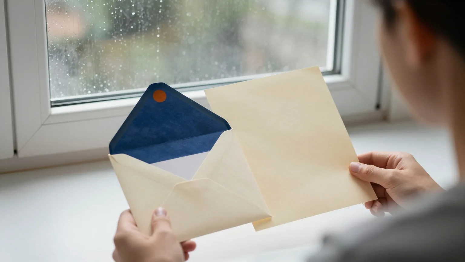 Eine Person sitzt von hinten gesehen am Küchentisch vor einem geöffneten Umschlag, Regen am Fenster