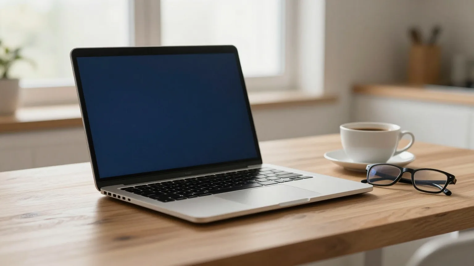 Zugeklappter silberner Laptop auf einem Holzküchentisch neben einer Kaffeetasse und einer Lesebrille im Abendlicht
