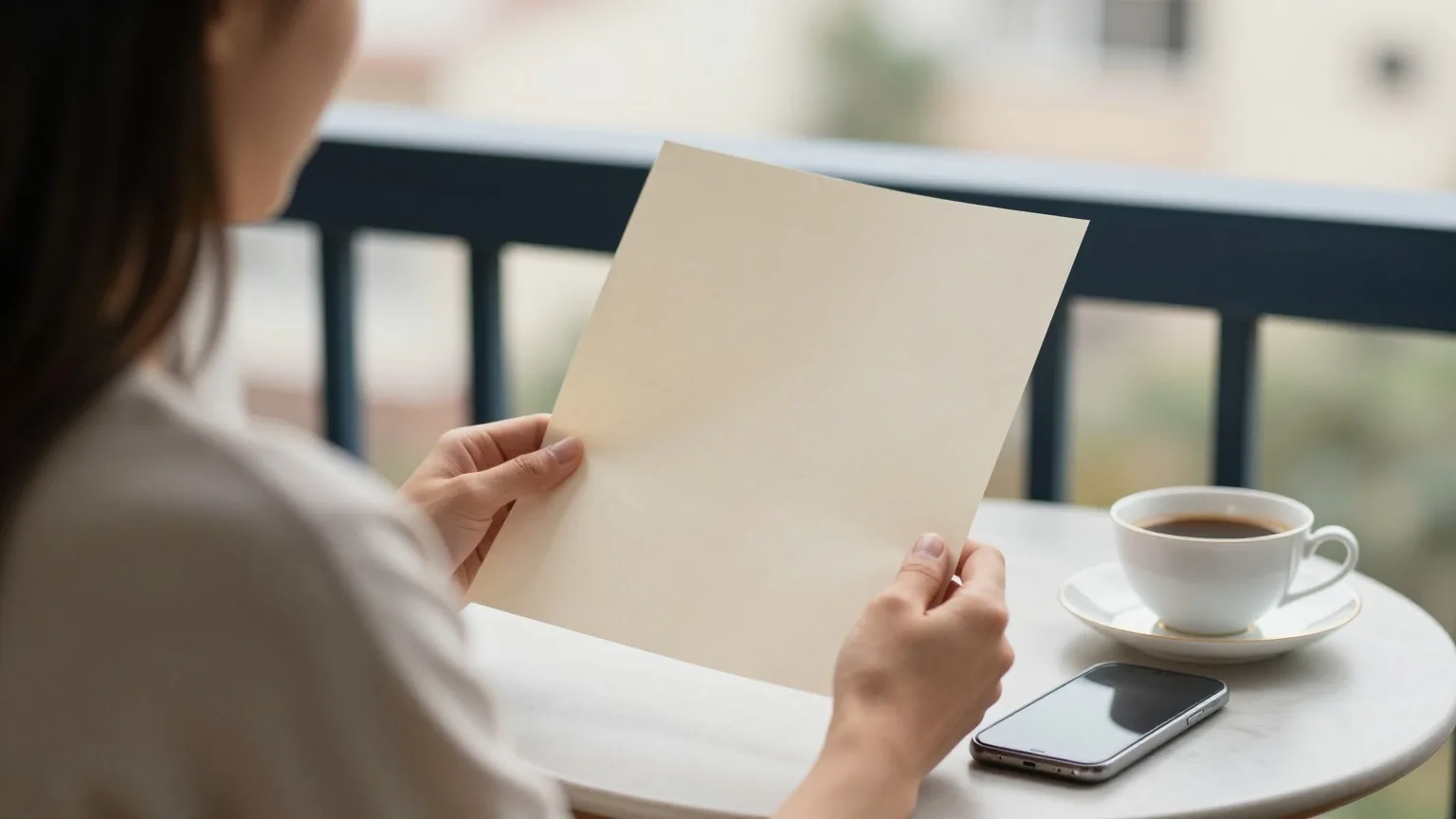 Person von hinten an einem kleinen Balkontisch mit einem gefalteten Blatt in der Hand, daneben ein umgedrehtes Smartphone und eine Teetasse