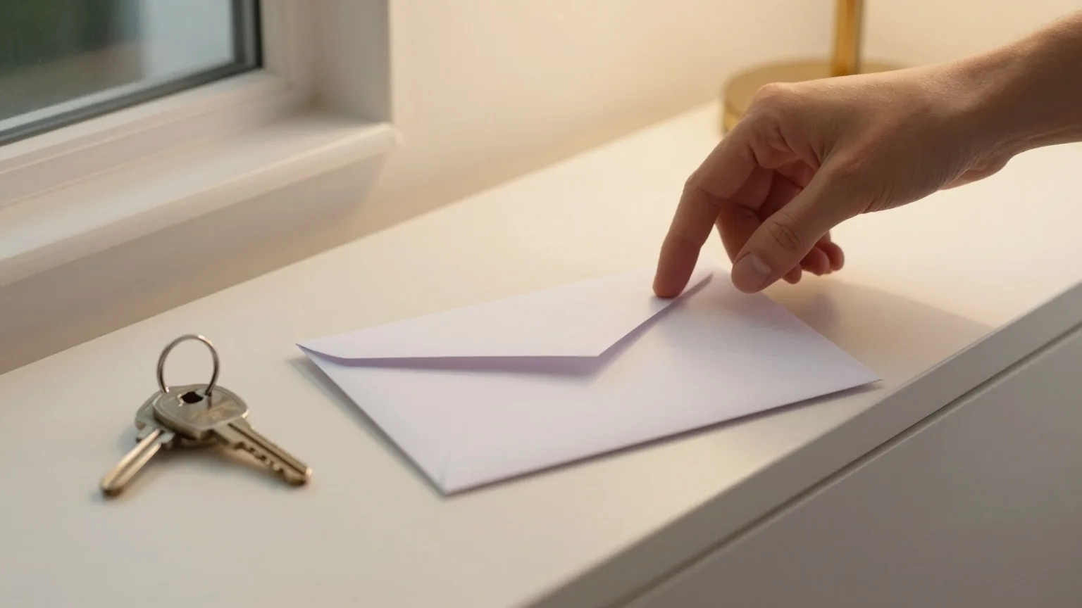 Weißer Umschlag auf einer Flurkommode neben einem Schlüsselbund, eine Hand zögert darüber, warmes Lampenlicht
