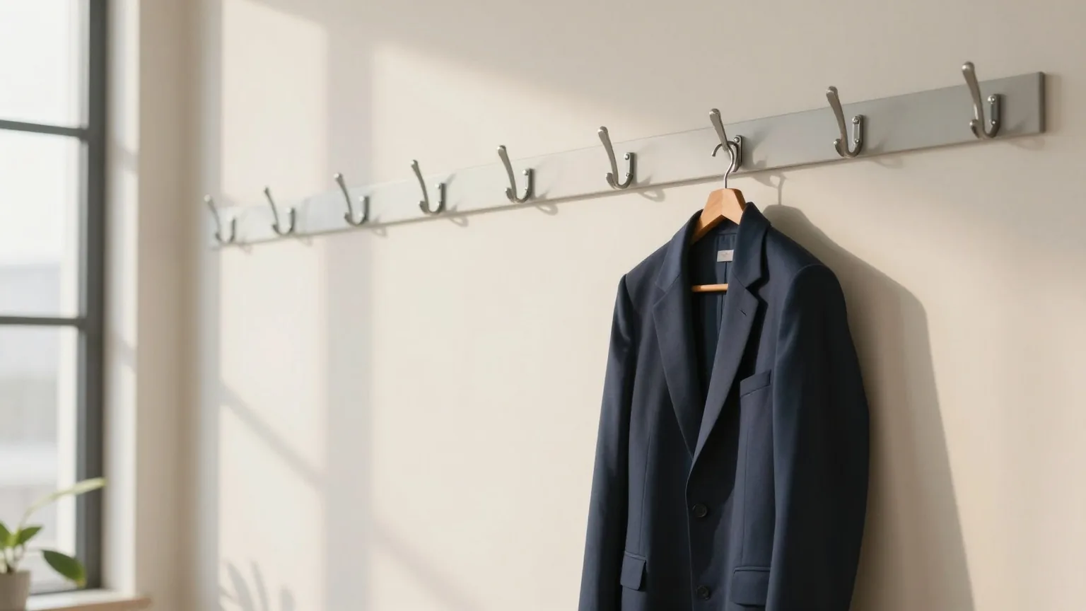 Garderobe in einem hellen Büro mit leeren Haken, an einem hängt ein einzelner Mantel, Nachmittagslicht
