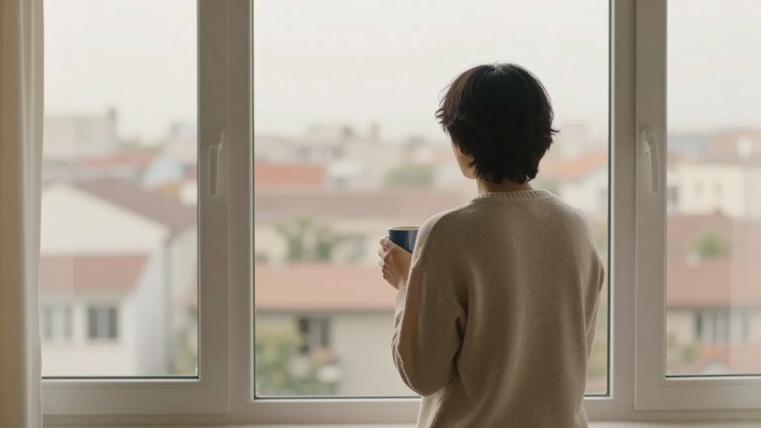 Person von hinten am großen Fenster einer Wohnung, Blick über Dächer im grauen Morgenlicht, einen Becher in der Hand
