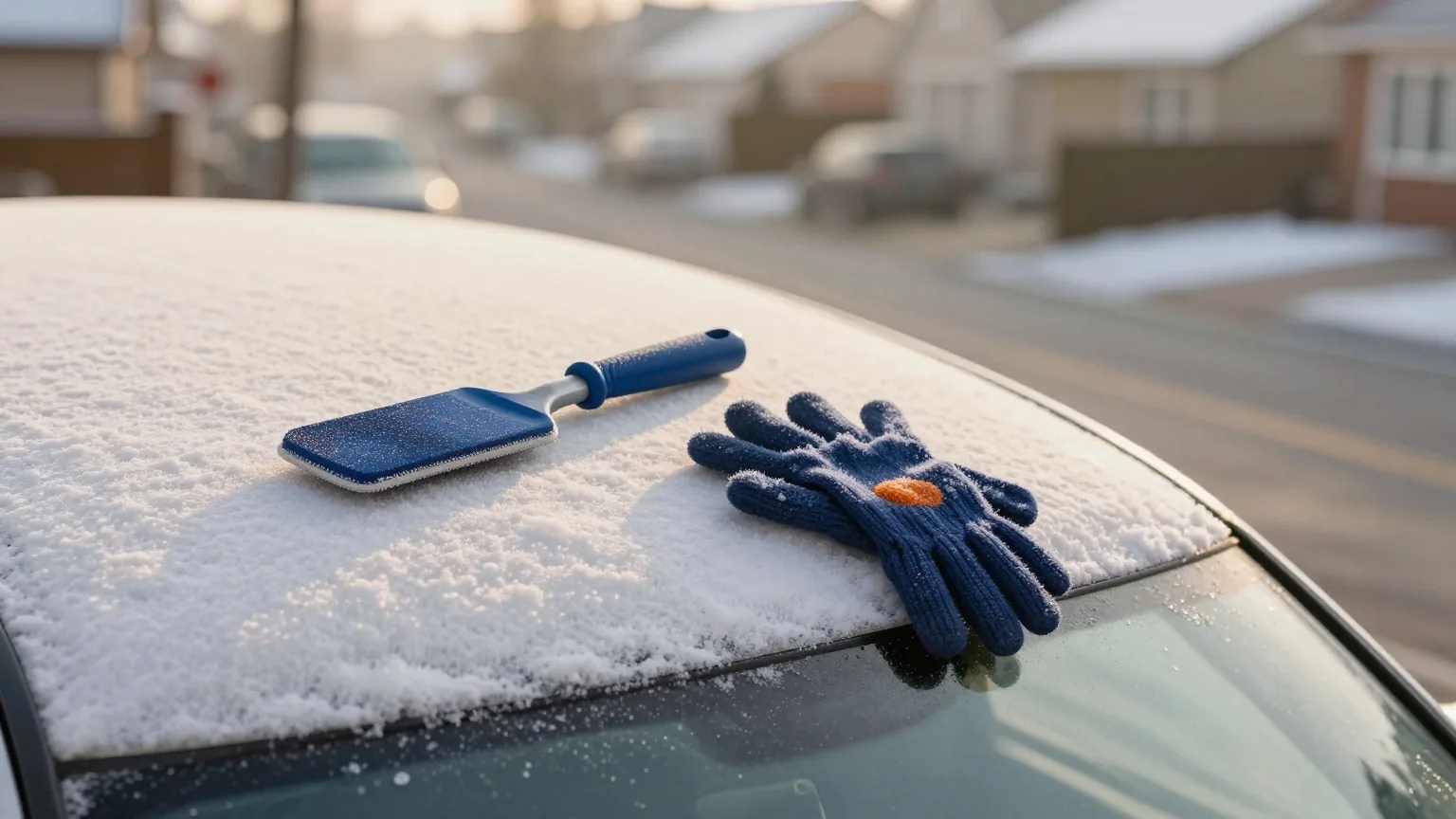 Eiskratzer und Wollhandschuhe auf dem bereiften Dach eines geparkten Autos, dahinter unscharf eine ruhige Wohnstraße am Wintermorgen