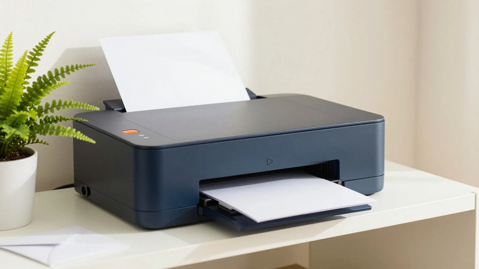 Kleiner Drucker auf einem weißen Regal gibt ein leeres Blatt aus, daneben ein Farn im Topf und ein weißer Briefumschlag
