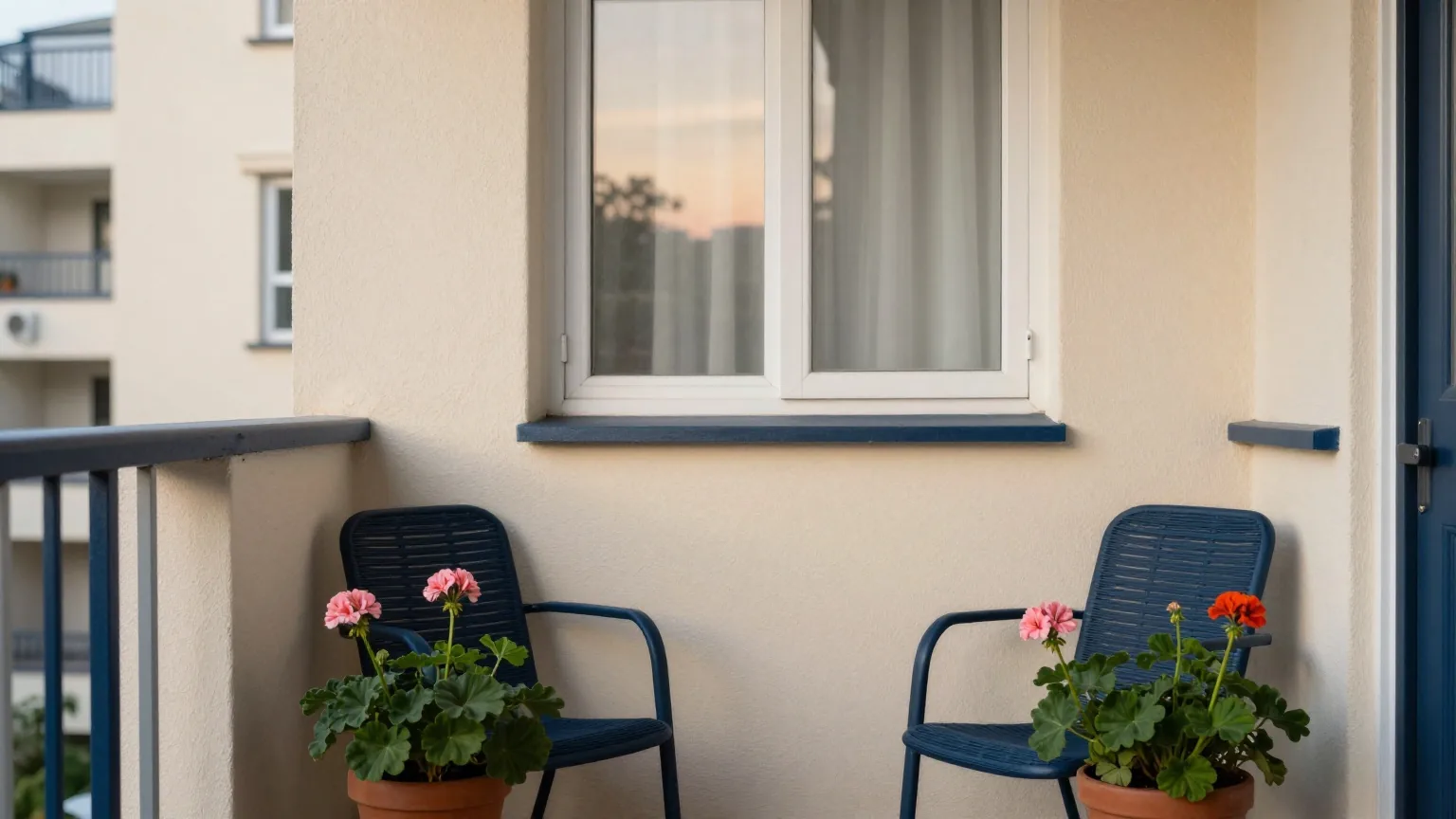Balkon mit zwei leeren Stühlen und Geranien in Töpfen vor einem Wohnblock im Abendlicht