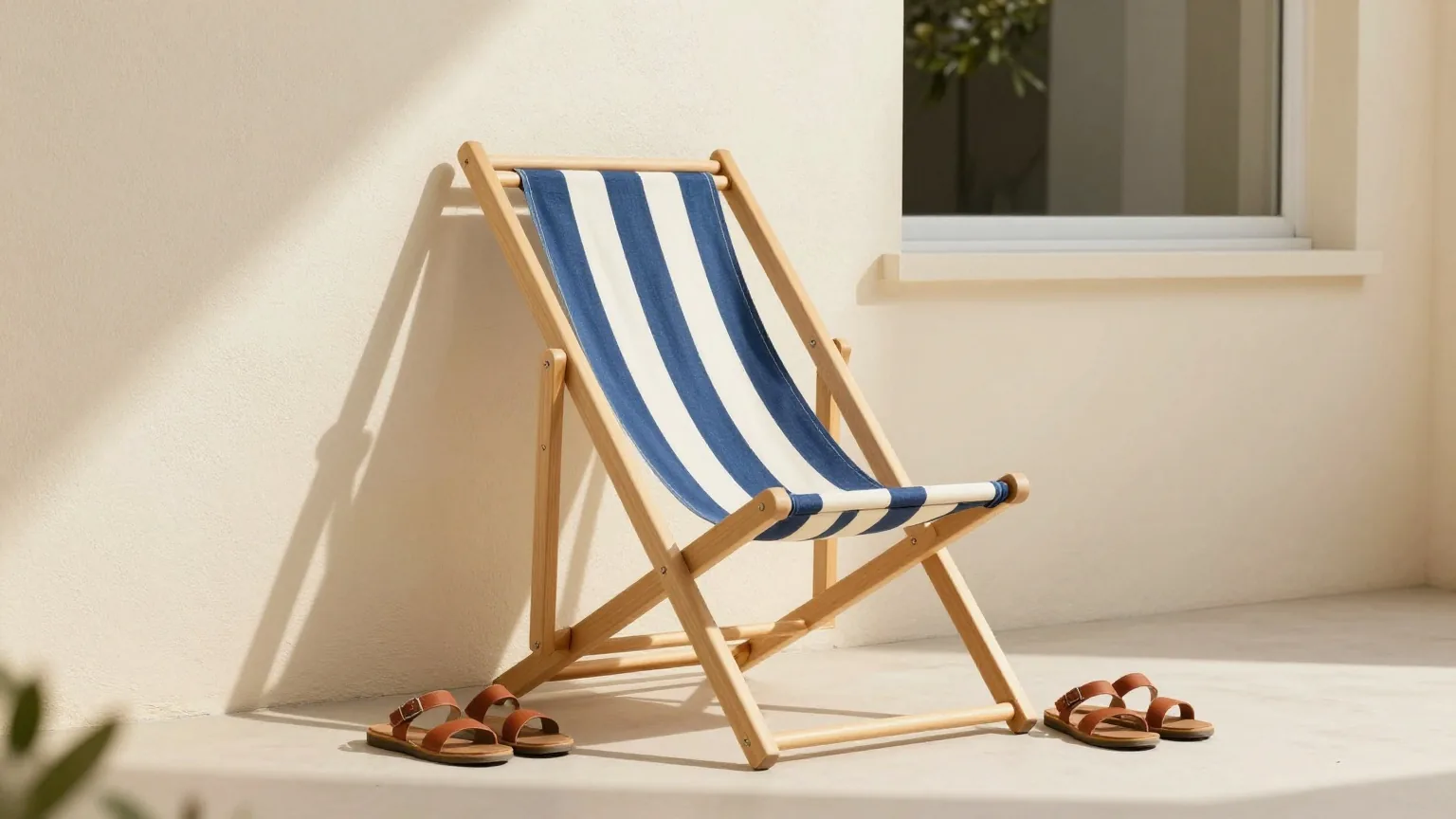 Zusammengeklappter Liegestuhl an einer sonnigen Gartenmauer, davor ein Paar Sandalen, Sommernachmittag