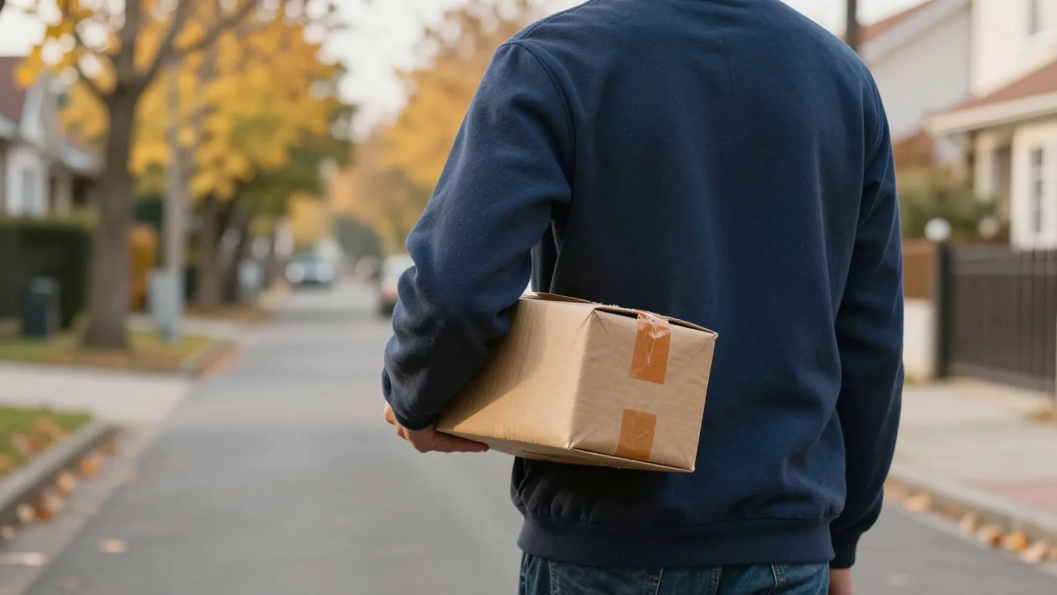 Person von hinten trägt ein kleines braunes Paket unter dem Arm durch eine ruhige Allee, Herbstmorgen