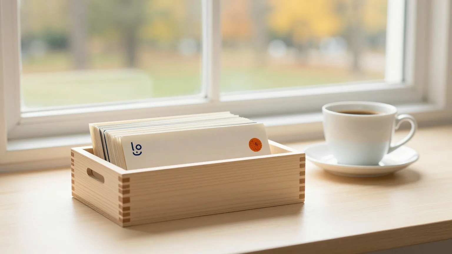 Ein Schreibtisch mit geschlossener Holzbox und Kaffeetasse am Fenster mit Blick auf einen Park im Frühherbst