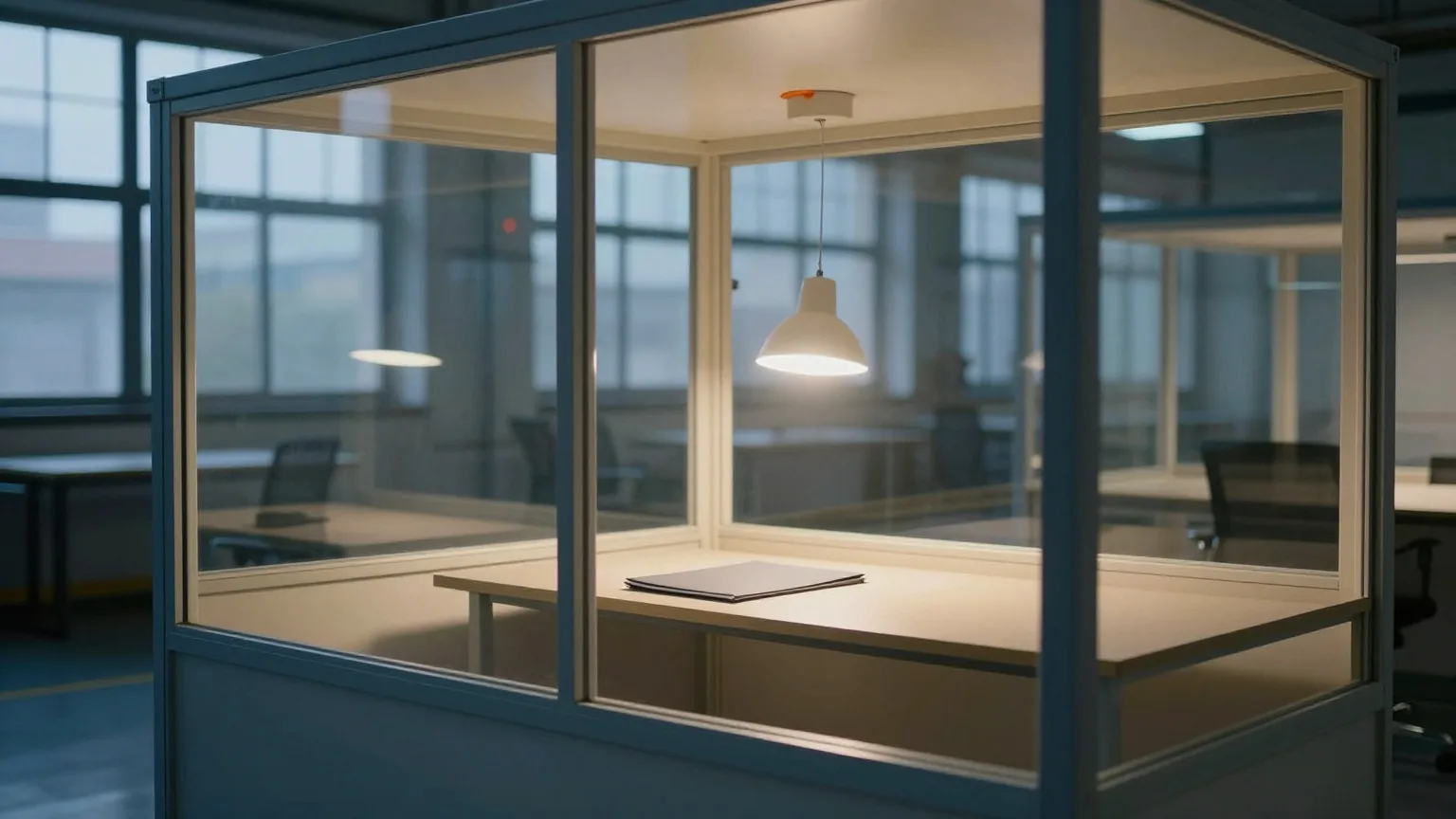 Verglastes Büro in einer ruhigen Werkhalle, darin ein leerer Schreibtisch mit geschlossenem Ordner und brennender Schreibtischlampe