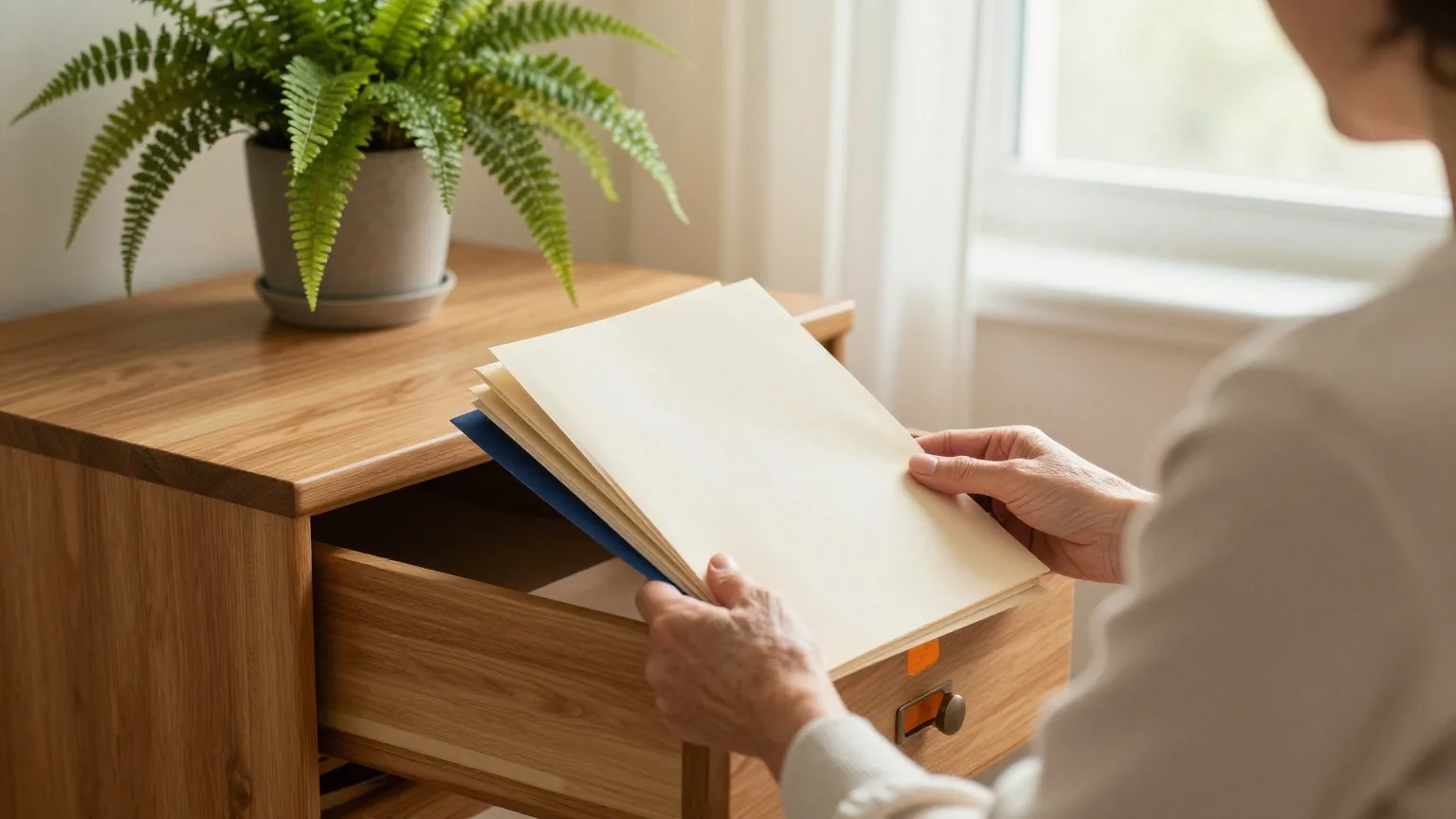 Ältere Frau von hinten, die in einem ruhigen Arbeitszimmer schlichte Mappen in eine hölzerne Hängeregistratur sortiert, auf dem Schrank ein Farn, weiches Nachmittagslicht