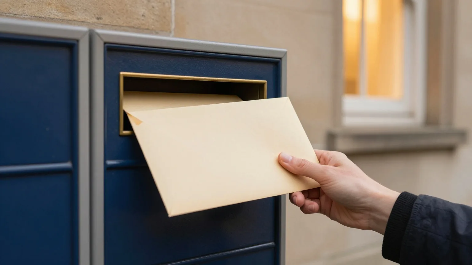 Hand wirft einen großen Briefumschlag in den Messingschlitz eines Nachtbriefkastens an der Steinwand eines alten Amtsgebäudes in der Dämmerung