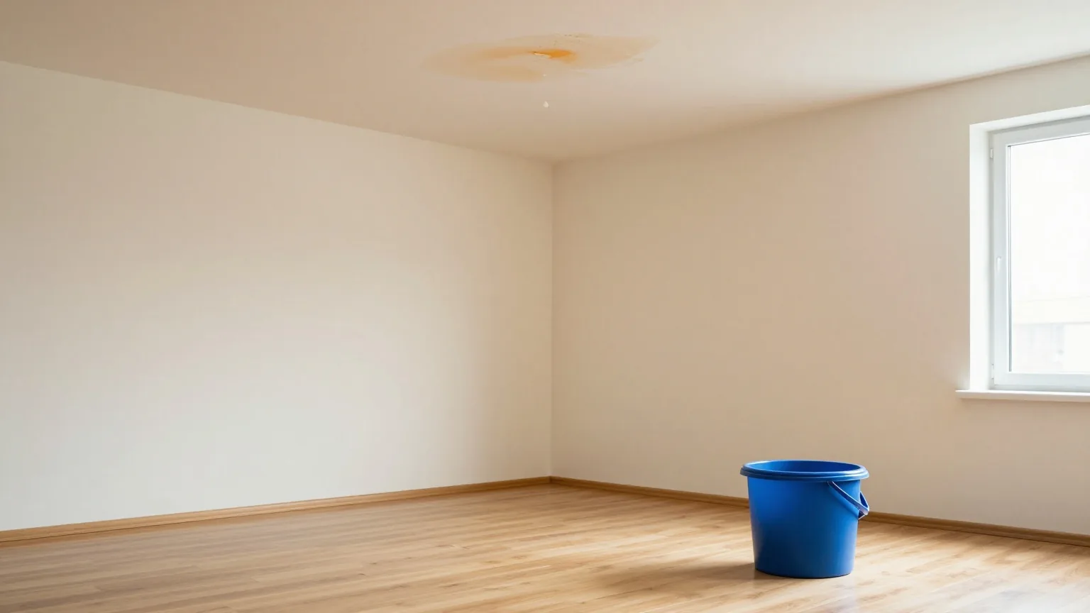 Ecke eines leeren Zimmers mit großem Wasserfleck an der Decke, darunter ein Plastikeimer auf dem Holzboden, graues Tageslicht