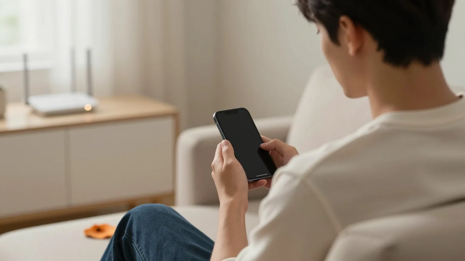 Junger Mann von hinten auf dem Sofa am Abend, ein ausgeschaltetes Smartphone in der Hand, im Hintergrund ein Router mit leuchtenden Lämpchen