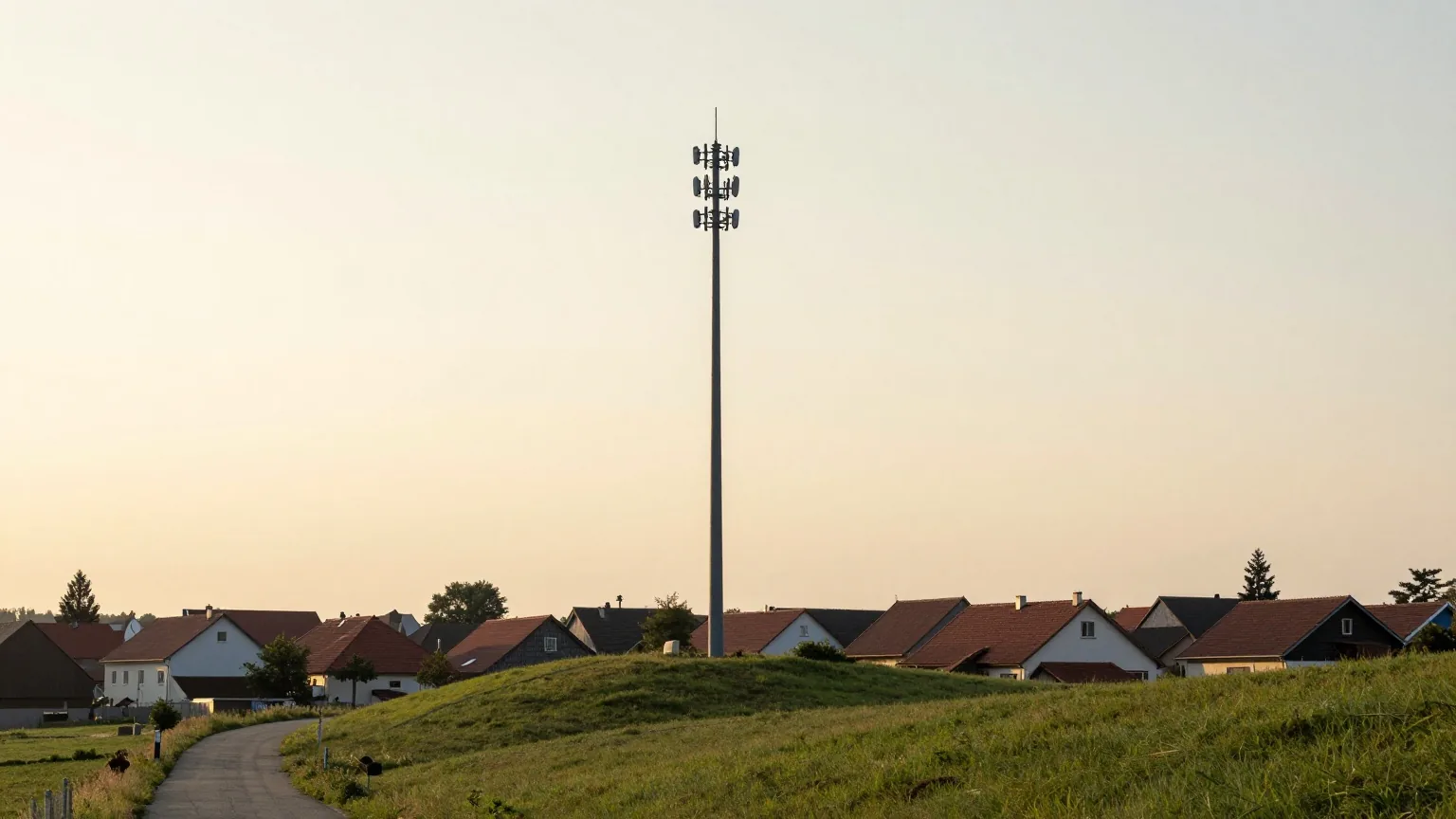 Hoher Mobilfunkmast auf einem grünen Hügel bei Sonnenuntergang, darunter ein ruhiges Dorf mit roten Ziegeldächern