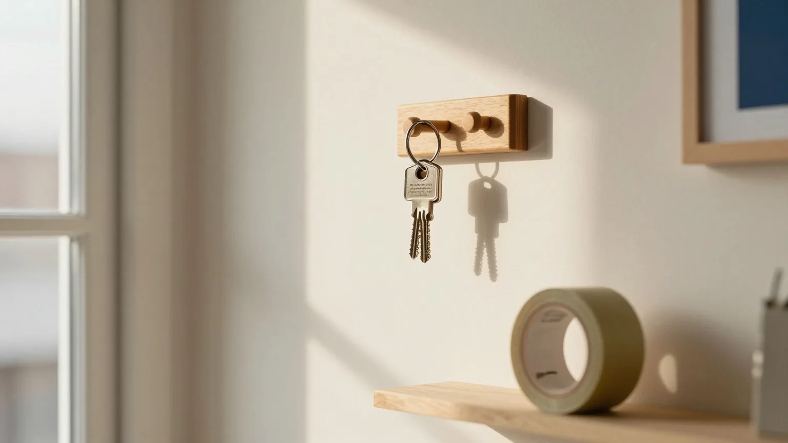 Kleines Schlüsselbrett aus Holz im Flur einer Wohnung mit einem einzelnen Schlüsselbund, darunter eine Rolle Paketband auf der Ablage