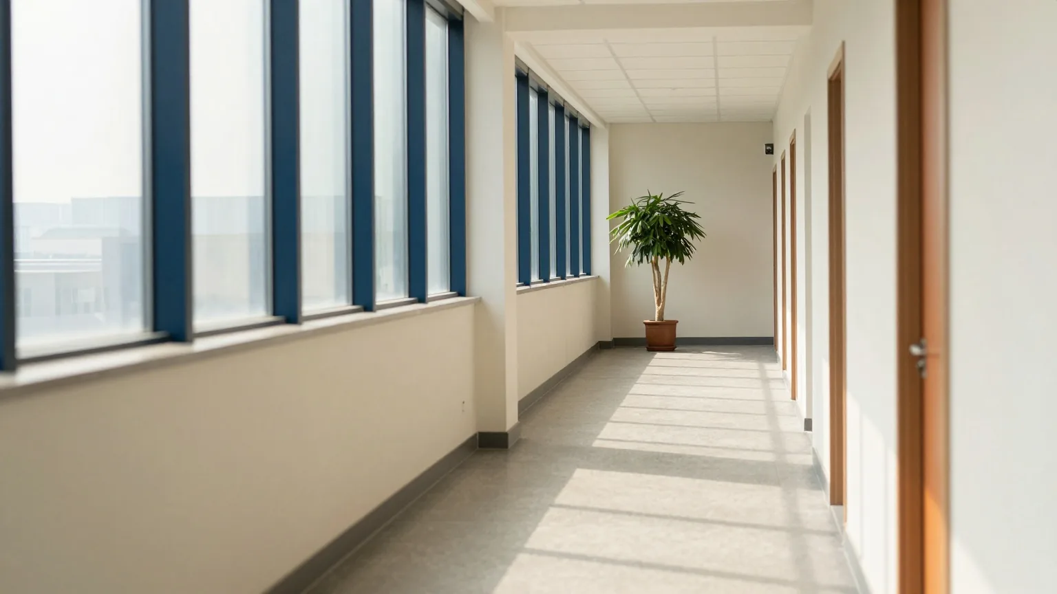 Langer ruhiger Büroflur mit hellgrauem Boden, Sonnenflecken am Nachmittag und einer einzelnen Zimmerpflanze am Ende