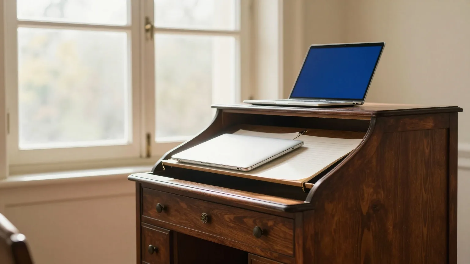 Ein alter hölzerner Sekretär mit aufgeklappter Platte, darauf ein geschlossener flacher Laptop, in einem sonnigen Arbeitszimmer