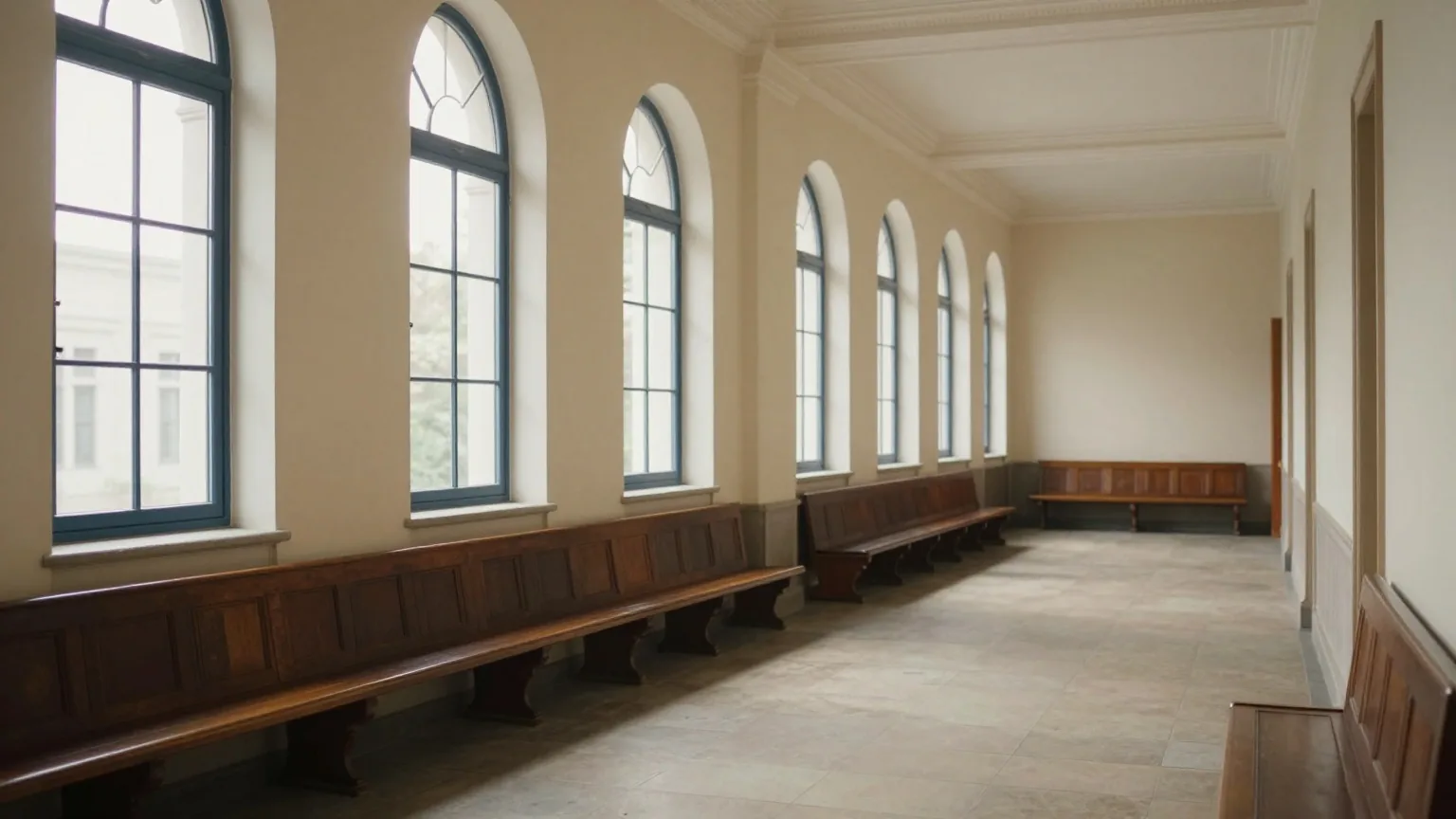 Ein leerer Flur in einem historischen Gerichtsgebäude mit hohen Bogenfenstern, Steinboden und dunklen Holzbänken