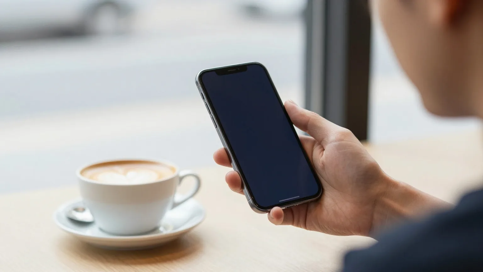 Hand hält ein Smartphone mit dunklem Bildschirm über einem Cafétisch mit Cappuccino, von hinten über die Schulter gesehen