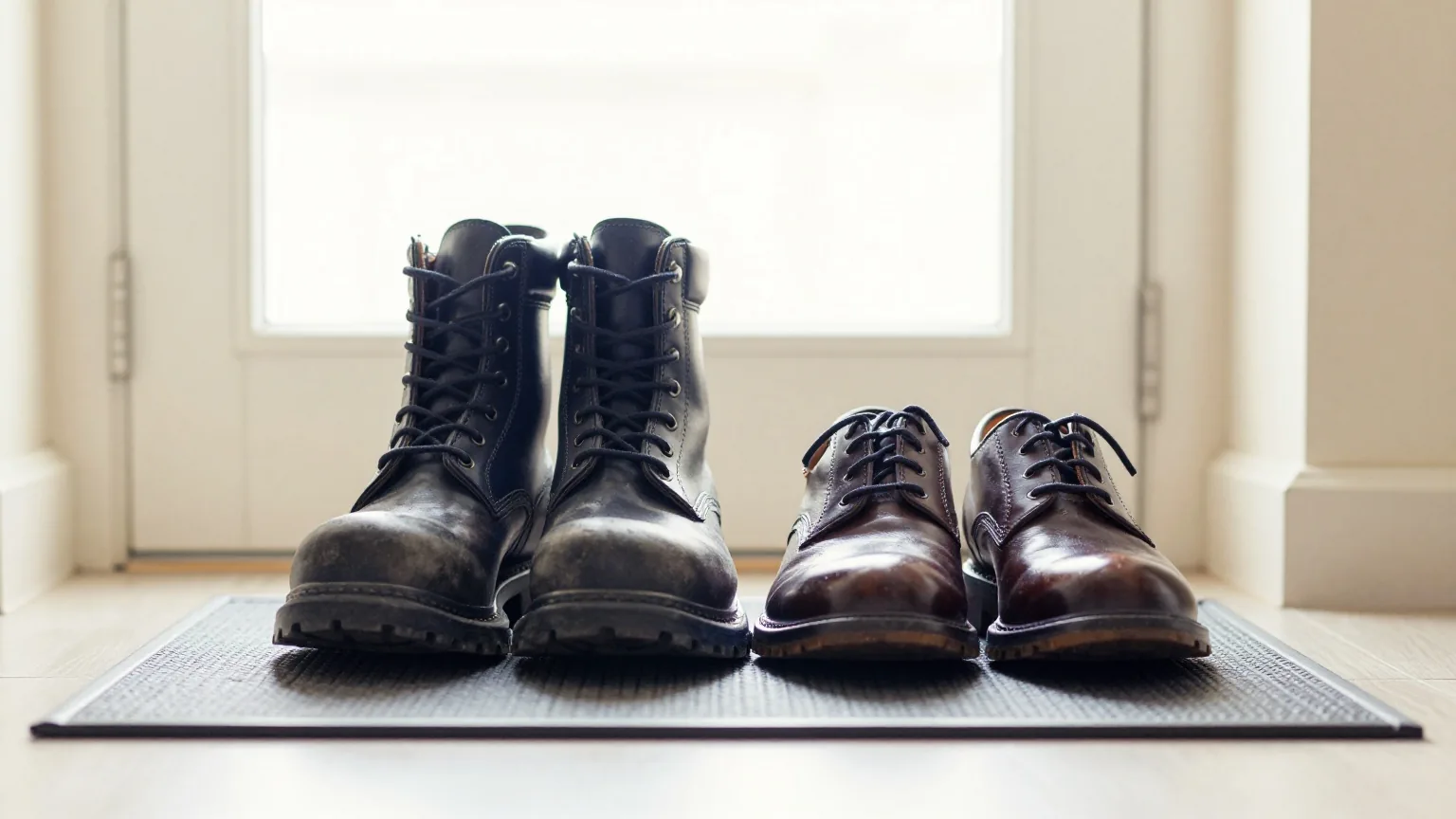 Ein Paar Sicherheitsstiefel und ein Paar polierte Lederschuhe nebeneinander auf einer Fußmatte in einem hellen Flur