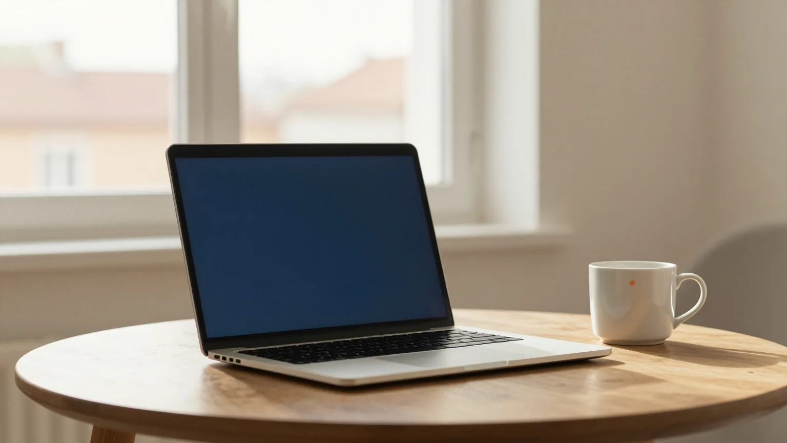Laptop von hinten auf einem hölzernen Wohnzimmertisch neben einem Keramikbecher, dahinter ein Fenster mit Dächern im Morgenlicht