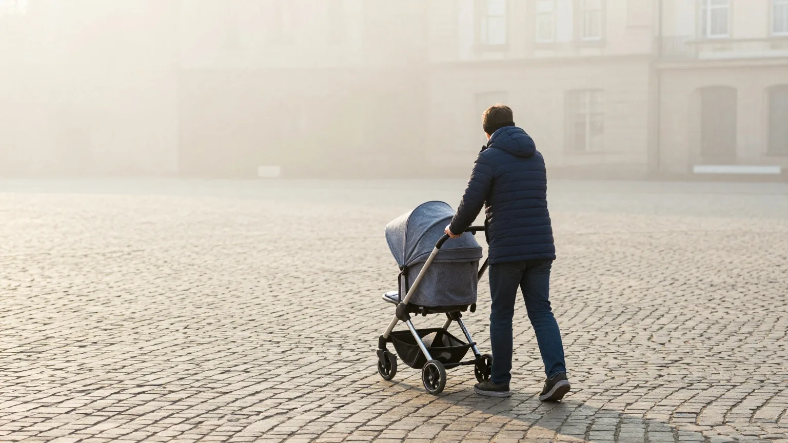 Elternteil von hinten mit Kinderwagen auf einem stillen Platz mit Kopfsteinpflaster an einem nebligen Wintermorgen