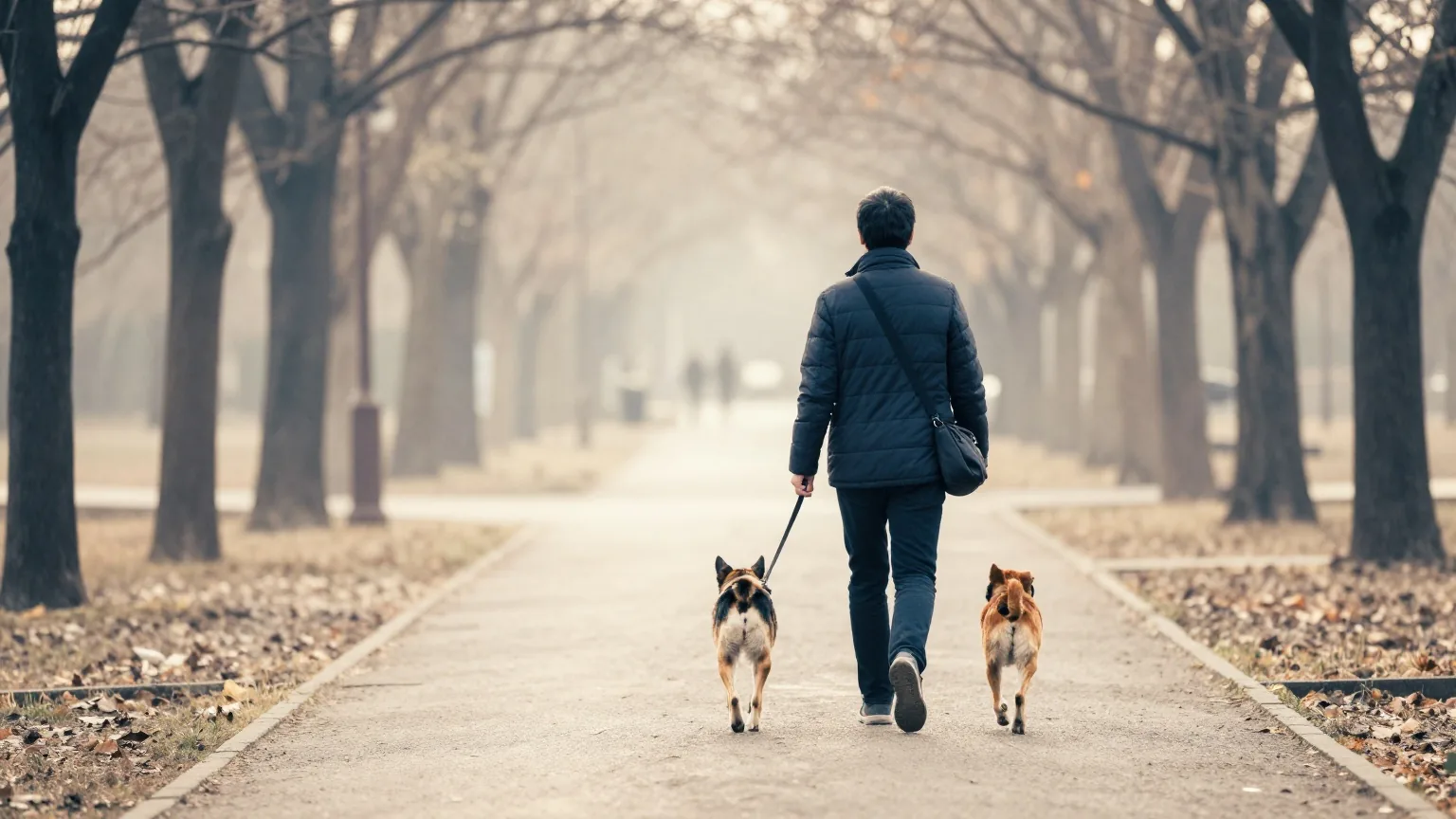 Person von hinten mit Hund auf einem ruhigen Parkweg unter Bäumen an einem Werktagmorgen, eine Tasche locker über der Schulter