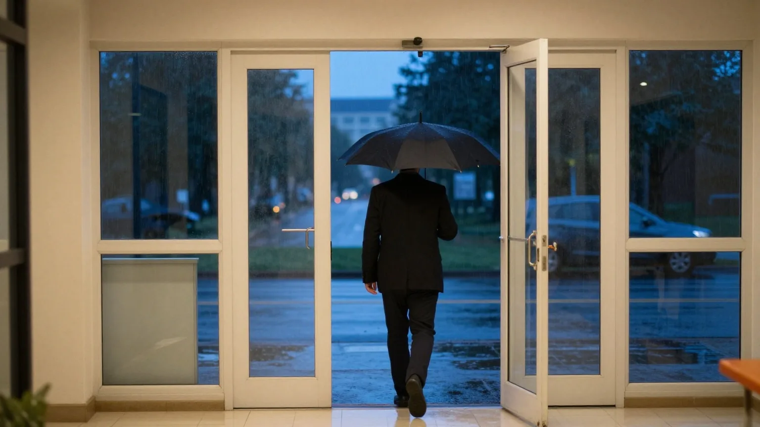 Person von hinten verlässt mit aufgespanntem Regenschirm ein Bürogebäude durch eine Glastür in eine regnerische Straße in der Abenddämmerung
