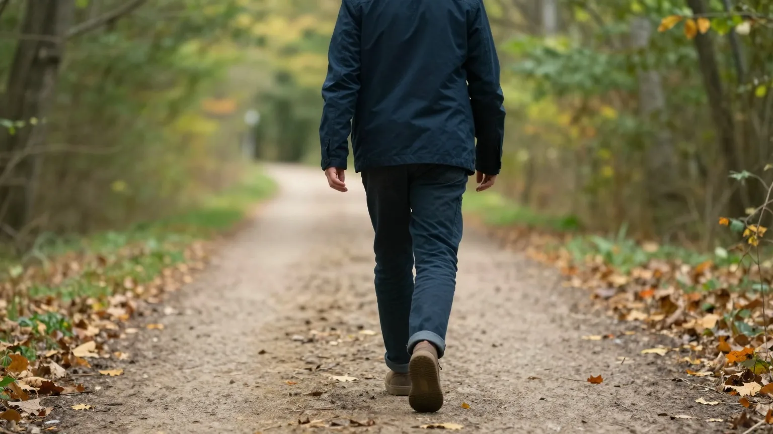 Person von hinten auf einem stillen Waldweg im weichen grünen Herbstlicht, Laub auf dem Boden