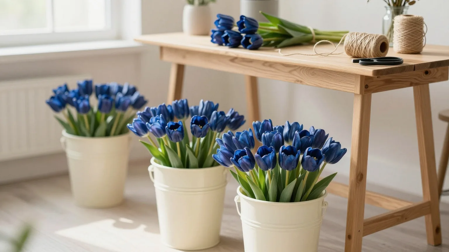 Kleine Werkstatt eines Blumenladens mit Eimern voller Tulpen und einem Arbeitstisch mit Schnur und Schere